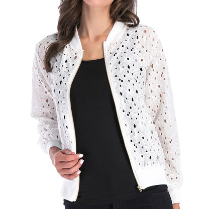 IKEARLAX New autumn new lace hook-up hollow blouse zipper cardigan, long-sleeved jacket women