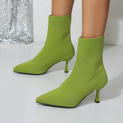 Womens Solid Color Knitted High Heel Boots - Comfortable Slip-On, Stretchy Fit, Trendy Pointed Toe - Warm Winter Stylish Slim Boots for Casual Chic