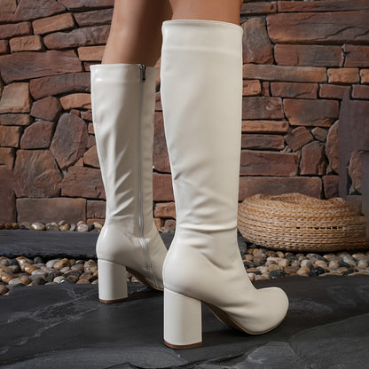Womens Rich Solid Hue Knight Boots - Smooth Side Zip, Slip-On Ease, Chunky Heel, Versatile Casual Stylish High Knee Boots