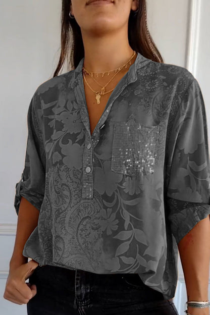 Floral Pocket Contrast Mandarin Collar Tops