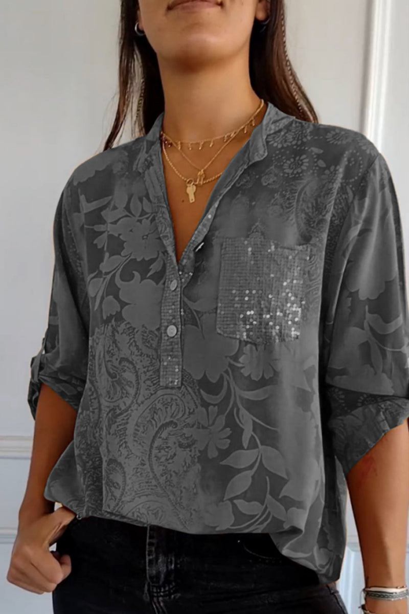 Floral Pocket Contrast Mandarin Collar Tops