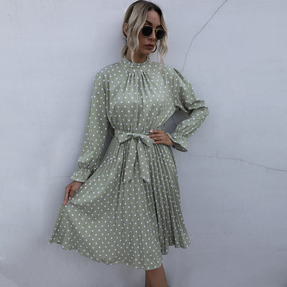 IKEARLAX  autumn  cross-border polka dot dress women's ruffle edge long sleeve pleated waist belt skirt