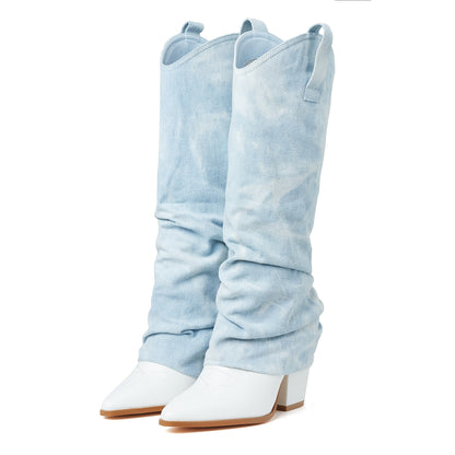 Womens Cowboy Boots - Knee-High Elegance with Sharp Pointed Toe - Effortless Pull-On Western Style - Stacked Chunk Heel for Stability - Fashionable Mid Calf Fold-Over Design - Premium PU Faux Leather