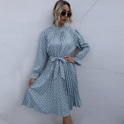 IKEARLAX  autumn  cross-border polka dot dress women's ruffle edge long sleeve pleated waist belt skirt