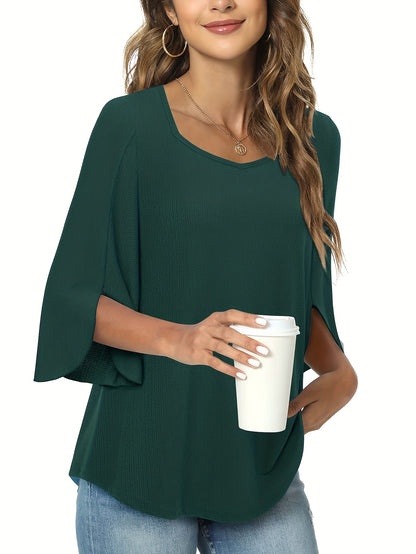 Three Quarter Sleeve Solid Heart Neck Casual T-Shirt - Soft Micro Elastic Polyester Fabric, Regular Length, Spring Summer Fall Wear - Womens Business Work Clothing