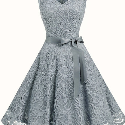 IKEARLAX Charming Lace V-Neck Bridesmaid Dress - Adjustable Tie Waist, Flowy Sleeveless Swing Style - Premium Evening Wear for Women