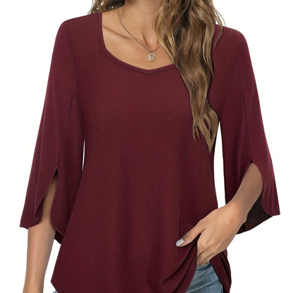 Three Quarter Sleeve Solid Heart Neck Casual T-Shirt - Soft Micro Elastic Polyester Fabric, Regular Length, Spring Summer Fall Wear - Womens Business Work Clothing