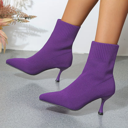 Womens Solid Color Knitted High Heel Boots - Comfortable Slip-On, Stretchy Fit, Trendy Pointed Toe - Warm Winter Stylish Slim Boots for Casual Chic