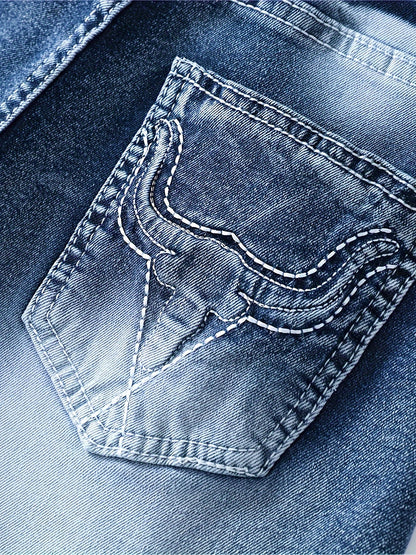 Womens Elegant Ripped Distressed Denim Shorts - Embroidered Pockets, Frayed Hem, Whiskered Vintage Style, Medium Stretch, Machine Washable, Solid Color, Spring/Summer Essential