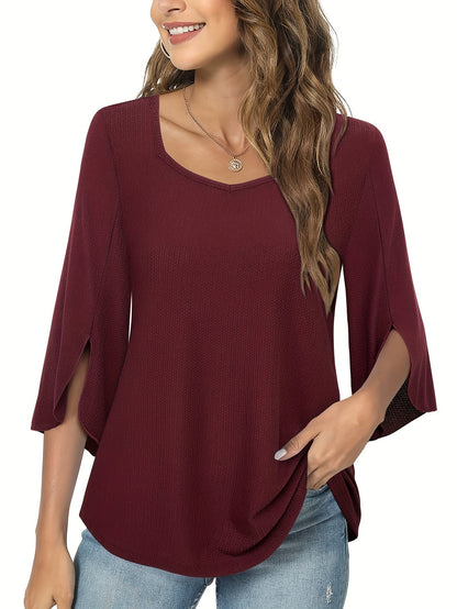 Three Quarter Sleeve Solid Heart Neck Casual T-Shirt - Soft Micro Elastic Polyester Fabric, Regular Length, Spring Summer Fall Wear - Womens Business Work Clothing