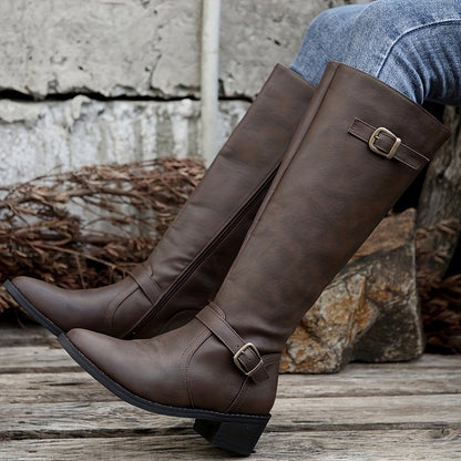 Stylish Chunky Heel Knight Boots for Women - Comfortable Pull-On Design with Side Zipper, Buckle Belt, and Solid Color Options - Perfect for Casual and Formal Occasions