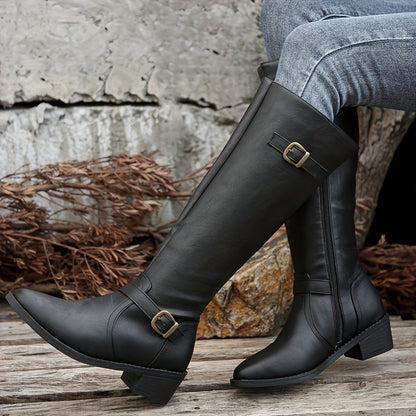 Stylish Chunky Heel Knight Boots for Women - Comfortable Pull-On Design with Side Zipper, Buckle Belt, and Solid Color Options - Perfect for Casual and Formal Occasions