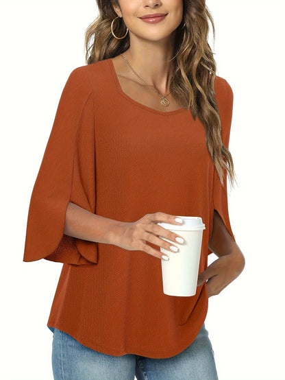 Three Quarter Sleeve Solid Heart Neck Casual T-Shirt - Soft Micro Elastic Polyester Fabric, Regular Length, Spring Summer Fall Wear - Womens Business Work Clothing