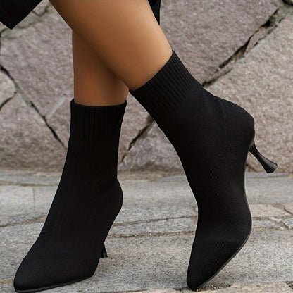 Womens Solid Color Knitted High Heel Boots - Comfortable Slip-On, Stretchy Fit, Trendy Pointed Toe - Warm Winter Stylish Slim Boots for Casual Chic