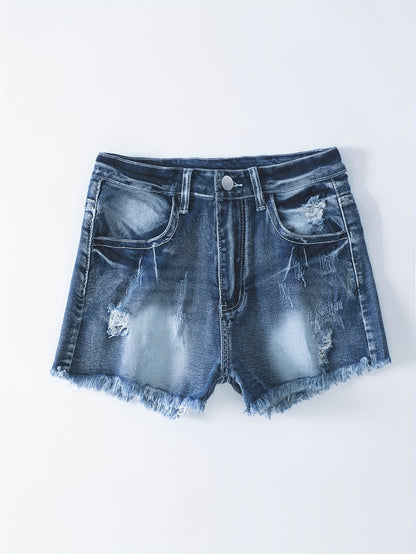 Womens Elegant Ripped Distressed Denim Shorts - Embroidered Pockets, Frayed Hem, Whiskered Vintage Style, Medium Stretch, Machine Washable, Solid Color, Spring/Summer Essential