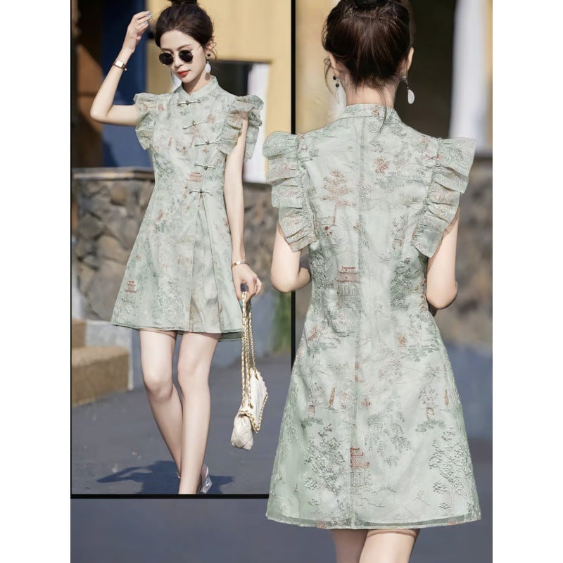 Summer Popular New Chinese Style High-Grade Embroidery Dress Short Two-Piece Set Small Fashion Suit Sunflower
