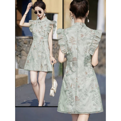 Summer Popular New Chinese Style High-Grade Embroidery Dress Short Two-Piece Set Small Fashion Suit Sunflower