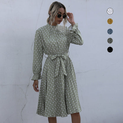 IKEARLAX  autumn  cross-border polka dot dress women's ruffle edge long sleeve pleated waist belt skirt