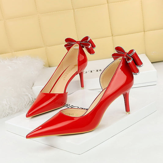 IKEARLAX 2025 638-AH35M Korean version banquet high heels, thin heel, shallow mouth, pointed head, hollowed out patent leather rear bow women's shoes