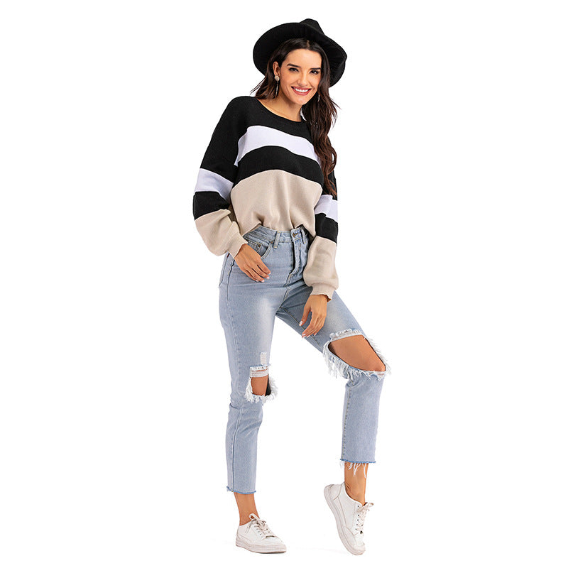 IKEARLAX popular Spring and Autumn New 2025 Crew Neck Knitted Striped Contrast Color Long Sleeve Bottom Sweater Women's Short Pullover