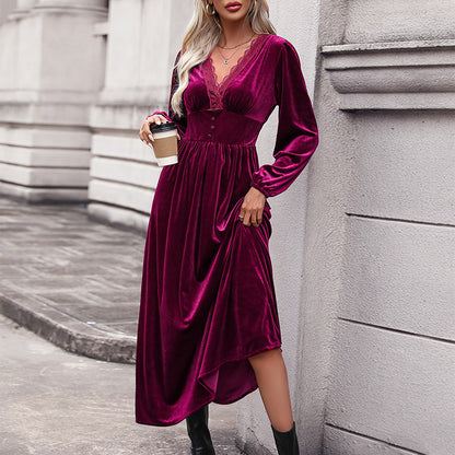 IKEARLAX 2025 cross-border women's clothing autumn and winter lace splicing dress new elegant velvet Valentine's Day dress