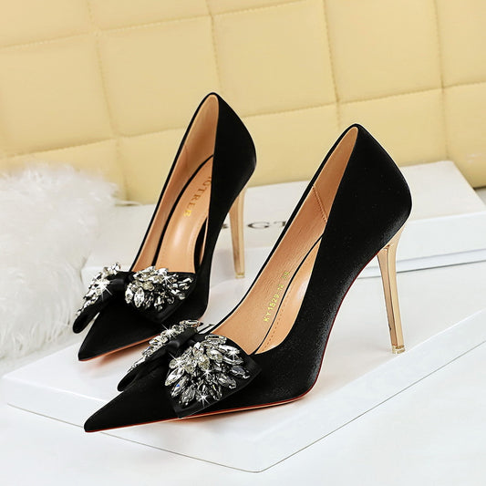 IKEARLAX 2025 1829-H3 2025 style banquet light luxury high heels satin light mouth pointed rhinestone bow high heel women's shoes