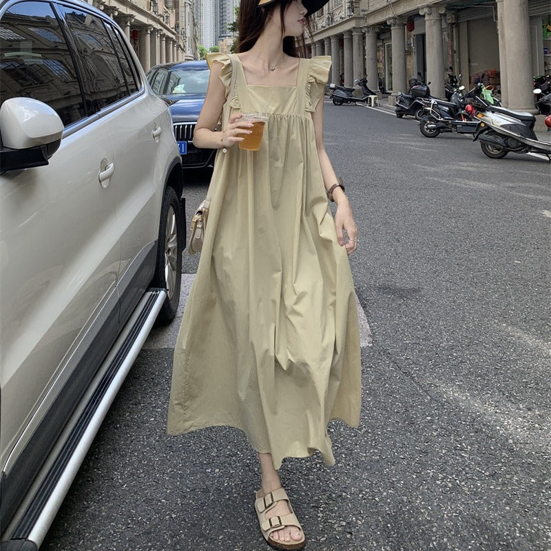 IKEARLAX  Bow Lace-up Backless Dress Seaside Skirt Women's  Style Temperament Square Collar Flying Sleeve Dress Vacation Style Long Skirt