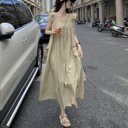 IKEARLAX  Bow Lace-up Backless Dress Seaside Skirt Women's  Style Temperament Square Collar Flying Sleeve Dress Vacation Style Long Skirt