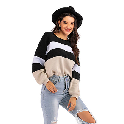 IKEARLAX popular Spring and Autumn New 2025 Crew Neck Knitted Striped Contrast Color Long Sleeve Bottom Sweater Women's Short Pullover