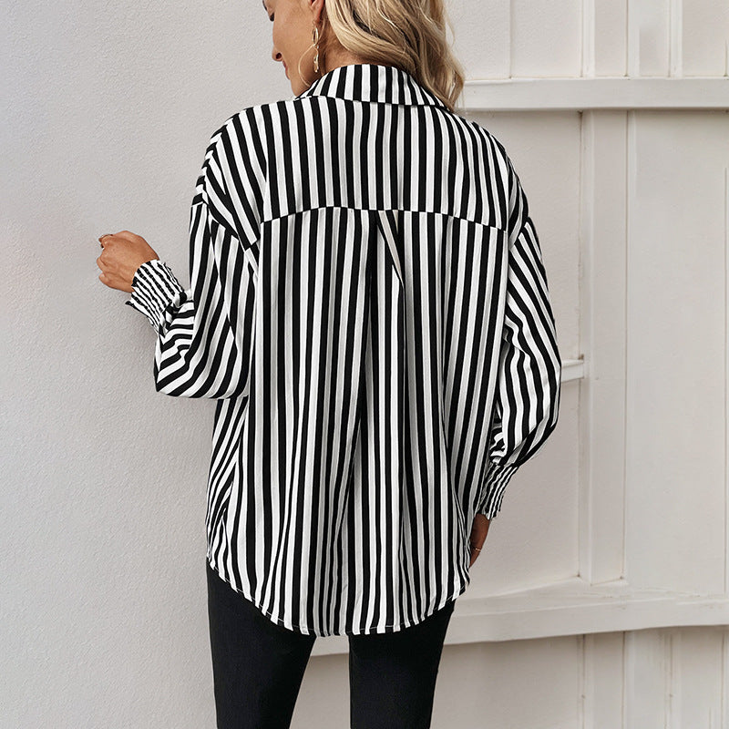 IKEARLAX independent station wholesale New new 2025 trade 2025 tops cross-border long-sleeved black and white striped shirts women