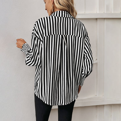 IKEARLAX independent station wholesale New new 2025 trade 2025 tops cross-border long-sleeved black and white striped shirts women