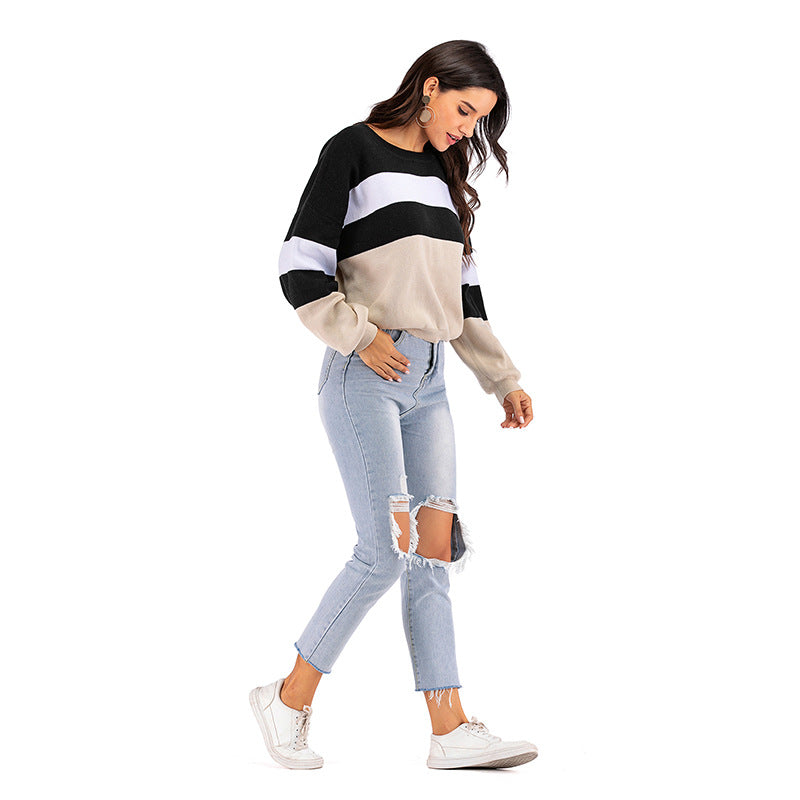 IKEARLAX popular Spring and Autumn New 2025 Crew Neck Knitted Striped Contrast Color Long Sleeve Bottom Sweater Women's Short Pullover