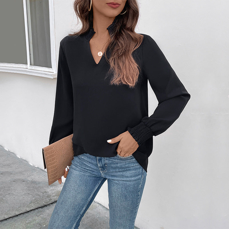 IKEARLAX New autumn  2025 trade temperament capable women's shirt 2025 cross-border solid color V-neck women's shirt