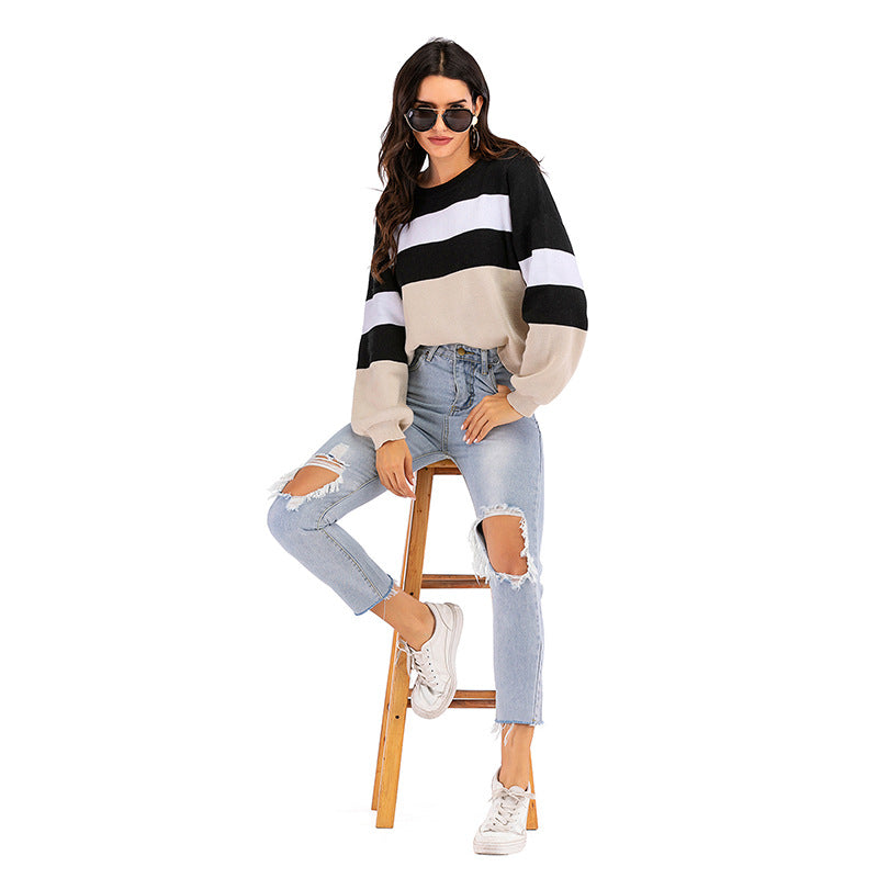 IKEARLAX popular Spring and Autumn New 2025 Crew Neck Knitted Striped Contrast Color Long Sleeve Bottom Sweater Women's Short Pullover