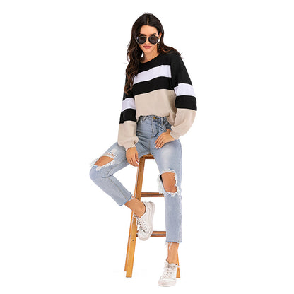 IKEARLAX popular Spring and Autumn New 2025 Crew Neck Knitted Striped Contrast Color Long Sleeve Bottom Sweater Women's Short Pullover