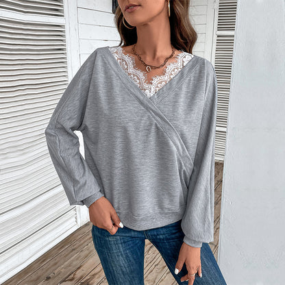 IKEARLAX cross-border women's clothing New autumn 2025 popular V-neck sweater lace splicing top fashion pullover T-shirt