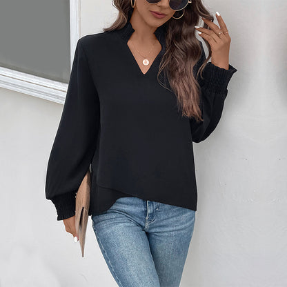 IKEARLAX New autumn  2025 trade temperament capable women's shirt 2025 cross-border solid color V-neck women's shirt