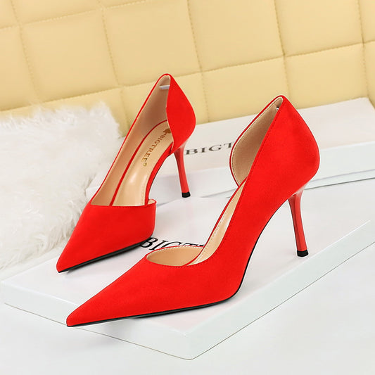 IKEARLAX 2025 8237 Korean version fashionable and simple stiletto high heels women's shoes thin suede shallow mouth pointed side hollow single shoes high heel