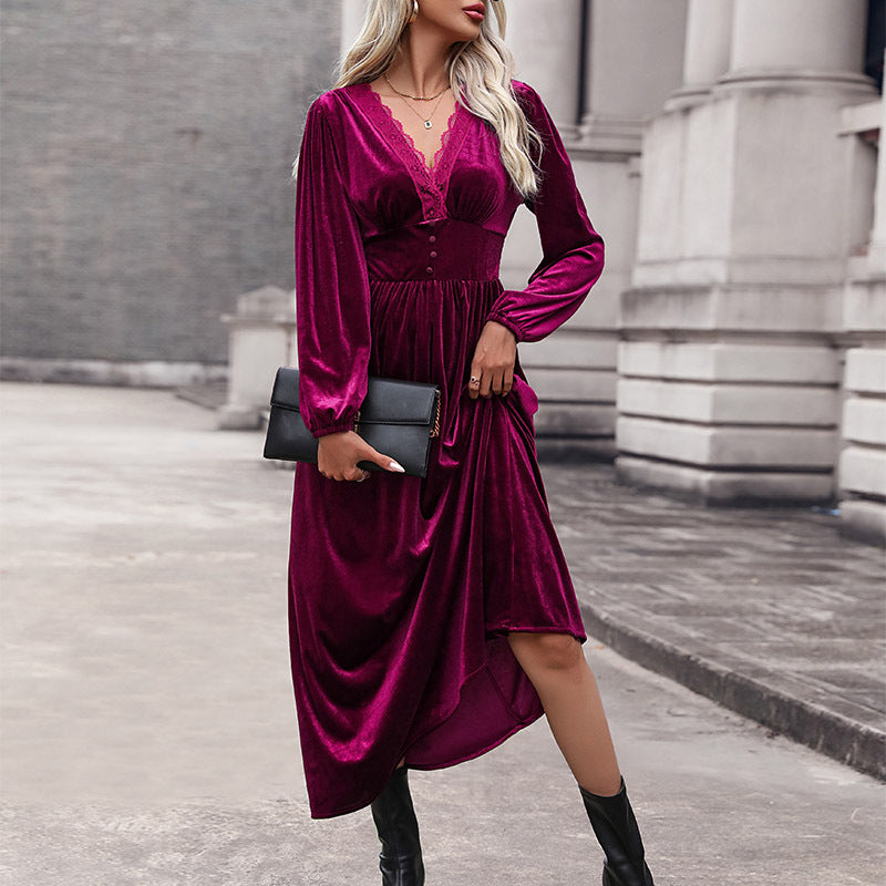 IKEARLAX 2025 cross-border women's clothing autumn and winter lace splicing dress new elegant velvet Valentine's Day dress