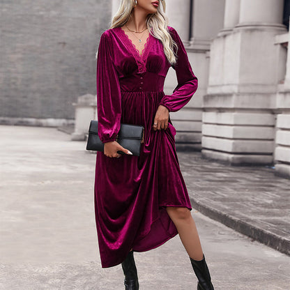 IKEARLAX 2025 cross-border women's clothing autumn and winter lace splicing dress new elegant velvet Valentine's Day dress