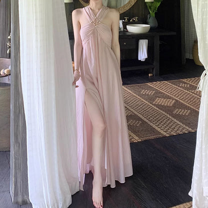 IKEARLAX  Yida Goddess Style Holiday Dress Spring/Summer Women's Halter Long Dress  New Style Pink