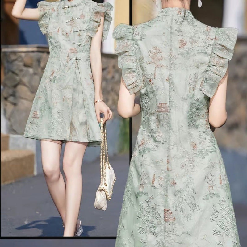 Summer Popular New Chinese Style High-Grade Embroidery Dress Short Two-Piece Set Small Fashion Suit Sunflower