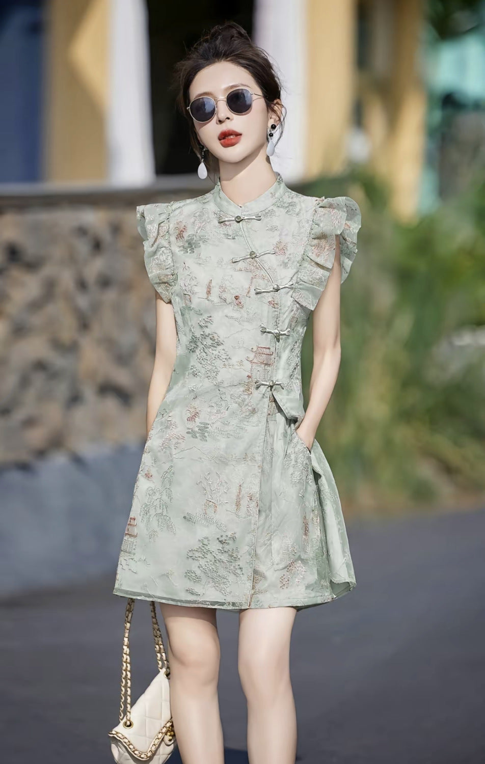 Summer Popular New Chinese Style High-Grade Embroidery Dress Short Two-Piece Set Small Fashion Suit Sunflower