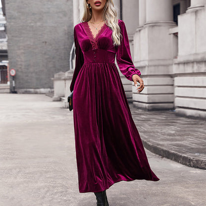 IKEARLAX 2025 cross-border women's clothing autumn and winter lace splicing dress new elegant velvet Valentine's Day dress