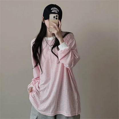 IKEARLAXManufacturer reversion Korean version crew neck striped sweater women's spring and autumn thin jacket trendy brand velvet Internet celebrity loose design sense