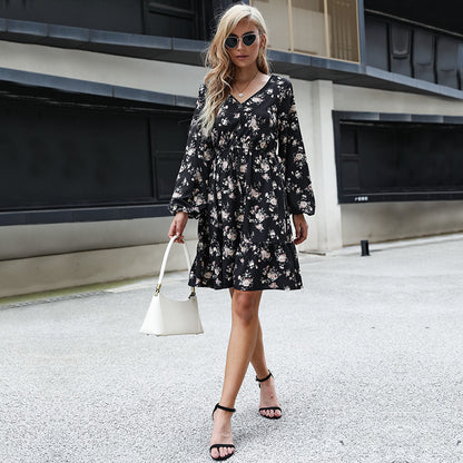 IKEARLAX cross-border  trade autumn   floral v-neck long-sleeved skirt lace-up A-word  dress women