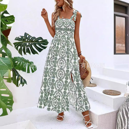 2025 Popular, ,  New women's clothing summer new fashion suspender printing sleeveless split long dress