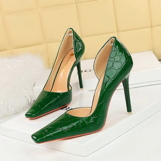 IKEARLAX 2025 3287-3 2025 retro patent leather, stone pattern, light mouth side hollow square head high heel single shoes high heels women's shoes