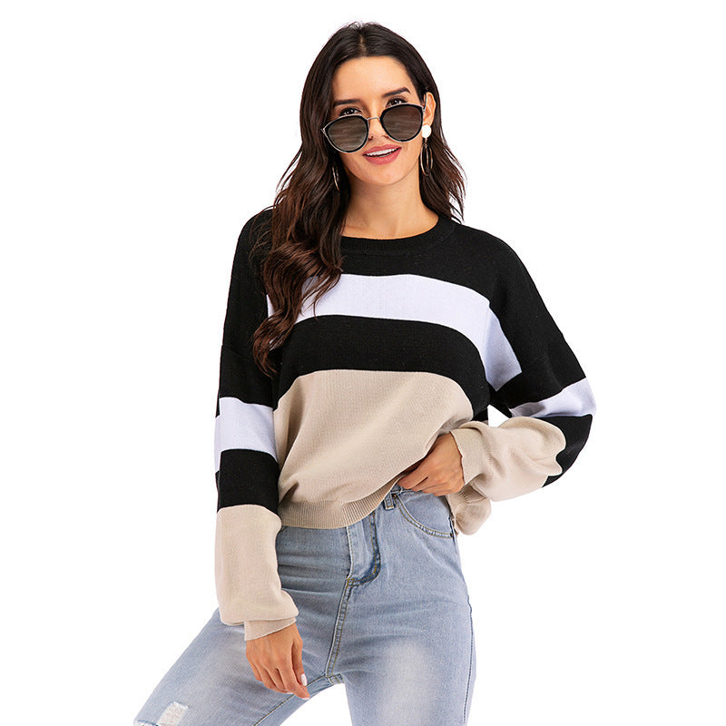 IKEARLAX popular Spring and Autumn New 2025 Crew Neck Knitted Striped Contrast Color Long Sleeve Bottom Sweater Women's Short Pullover