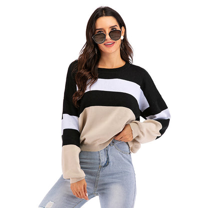 IKEARLAX popular Spring and Autumn New 2025 Crew Neck Knitted Striped Contrast Color Long Sleeve Bottom Sweater Women's Short Pullover